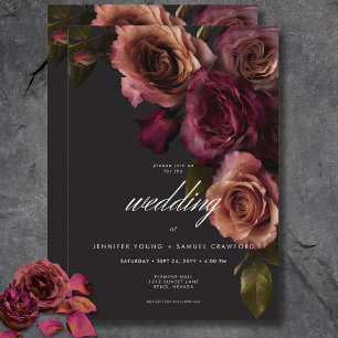 Elegant Moody Muted Rust & Burgundy Floral Wedding Invitation