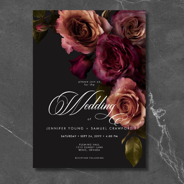 Elegant Moody Muted Rust & Burgundy Floral Wedding Invitation (Creator Uploaded)