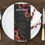 Elegant Moody Muted Rust & Burgundy Floral Wedding Menu<br><div class="desc">Embrace timeless elegance for your gothic-inspired celebration with our captivating long wedding menu. A soft black background provides the perfect canvas for a captivating, yet understated bouquet. Imagine a corner arrangement of muted rose blooms, where soft rust blush and rich burgundy hues mingle with dark green foliage. This ethereal design...</div>