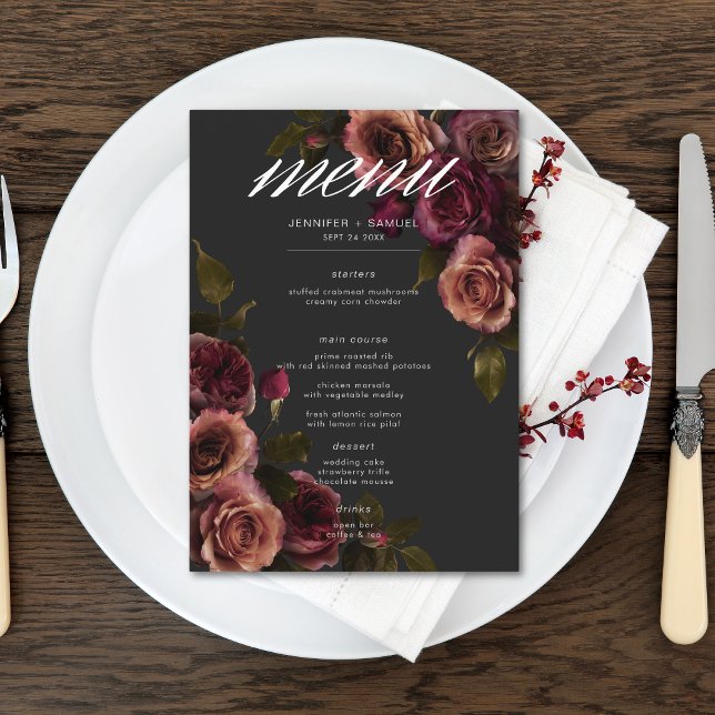 Elegant Moody Muted Rust & Burgundy Floral Wedding Menu (Elegant Moody Muted Rust & Burgundy Floral Wedding Menu)