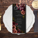 Elegant Moody Muted Rust & Burgundy Floral Wedding Menu<br><div class="desc">Embrace timeless elegance for your gothic-inspired celebration with our captivating long wedding menu. A soft black background provides the perfect canvas for a captivating, yet understated bouquet. Imagine a corner arrangement of muted rose blooms, where soft rust blush and rich burgundy hues mingle with dark green foliage. This ethereal design...</div>
