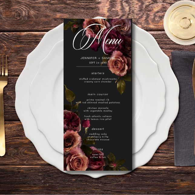 Elegant Moody Muted Rust & Burgundy Floral Wedding Menu (Elegant Moody Muted Rust & Burgundy Floral Wedding Menu)