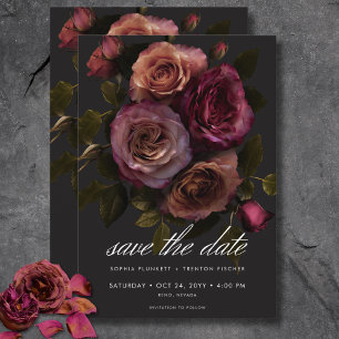 Elegant Moody Muted Rust & Burgundy Floral Wedding Save The Date