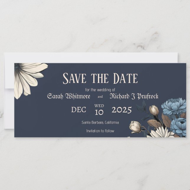 Elegant Moody Navy Blue Floral  Save The Date (Front)