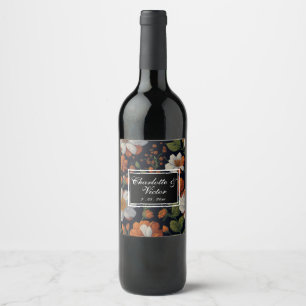 Elegant moody Orange white elegant retro flowers Wine Label
