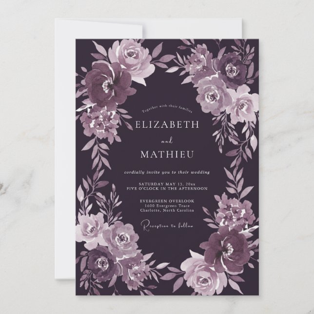 Elegant Moody Plum Wreath Wedding Invitation (Front)