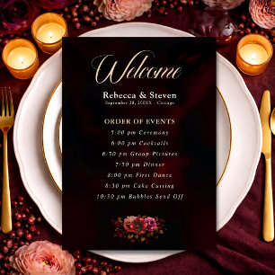 Elegant moody red black floral wedding  programme