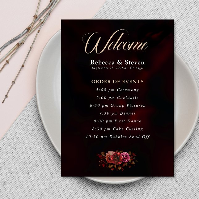 Elegant moody red black floral wedding  programme (Creator Uploaded)