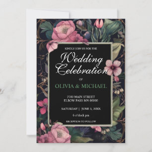 Elegant moody retro pink floral boho Wedding Invitation