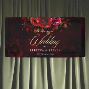 Elegant moody romantic black red floral wedding banner