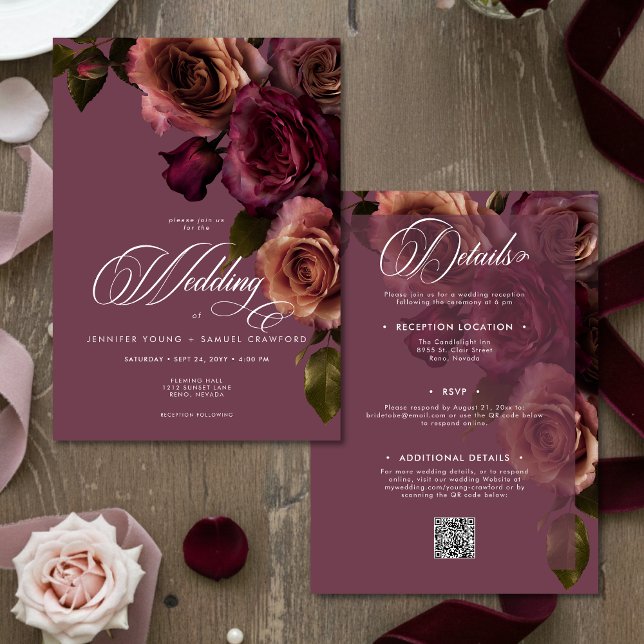 Elegant Moody Rust Burgundy Floral QR Code Wedding Invitation (Creator Uploaded)