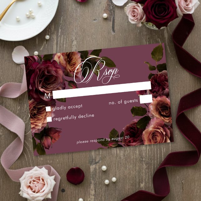 Elegant Moody Soft Rust Burgundy Floral No Dinner RSVP Card (Creator Uploaded)