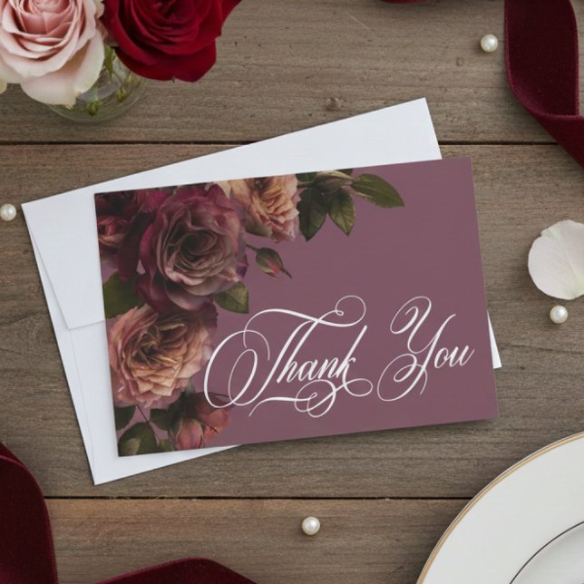 Elegant Moody Soft Rust & Burgundy Floral Wedding Thank You Card (Creator Uploaded)