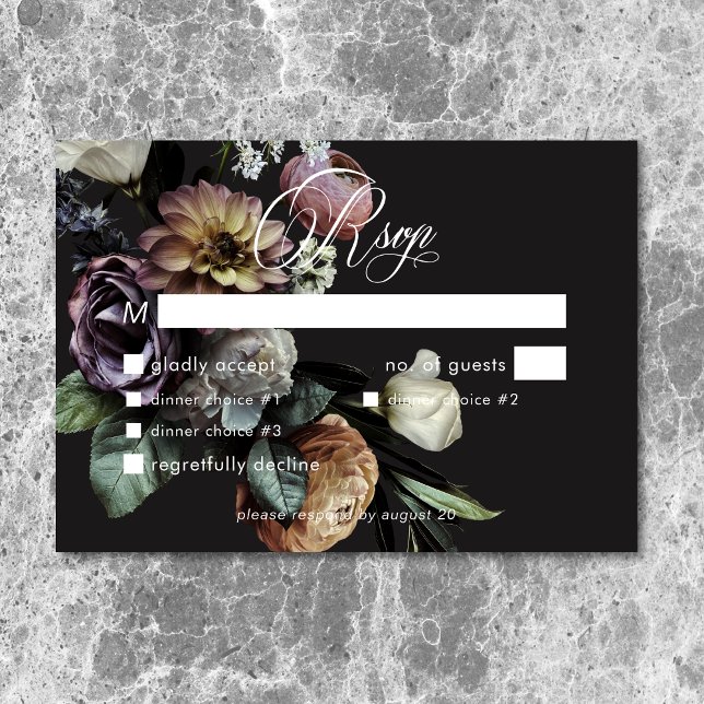 Elegant Moody Twilight Muted Floral Wedding Dinner RSVP Card (Elegant Moody Twilight Muted Floral Wedding Dinner RSVP Card)