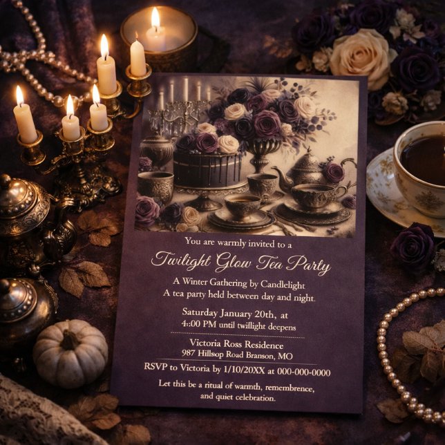 Elegant Moody Twilight Winter Tea Party Invitation (Moody winter tea invite styled on a velvet backdrop with candles for an editorial look )