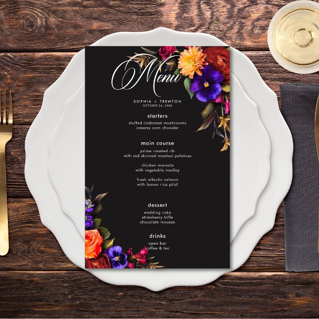 Elegant Moody Vibrant Harvest Floral Wedding Menu (Creator Uploaded)