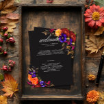 Elegant Moody Vibrant Harvest Floral Wedding Programme<br><div class="desc">Embrace the opulent beauty of a fall floral harvest with our captivating wedding program. A dramatic, yet soft black background provides the perfect canvas for a breathtakingly realistic bouquet. Imagine a vibrant explosion of colour, featuring roses in orange and dark magenta, with small magenta pink flowers and purple violets and...</div>