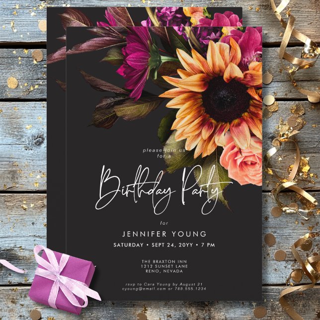 Elegant Moody Vibrant Sunset Floral Birthday Invitation (Elegant Moody Vibrant Sunset Floral Birthday Invitation)