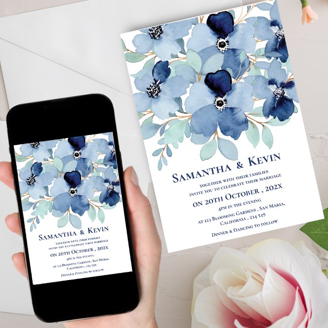 Elegant Moody Watercolor Blue Floral Wedding Invitation (Elegant Moody Watercolor Blue Floral Wedding Invitation)