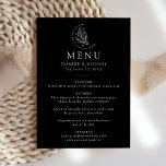 Elegant Moon and Stars Black and White Wedding Menu<br><div class="desc">Designed to coordinate with our Elegant Botanical Moon and Stars wedding collection, this boho wedding menu features a white line art illustration of a moon adorned with stars and foliage set against a black background. Personalise the black and white moon wedding menu with your names, wedding date, and curated menu...</div>