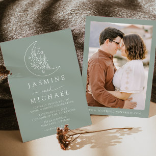 Elegant Moon and Stars Sage Green Photo Wedding Invitation