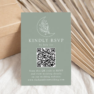 Elegant Moon and Stars Sage Green QR Code Wedding RSVP Card