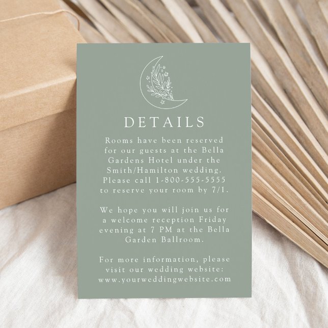 Elegant Moon and Stars Sage Green Wedding Details Enclosure Card (Creator Uploaded)
