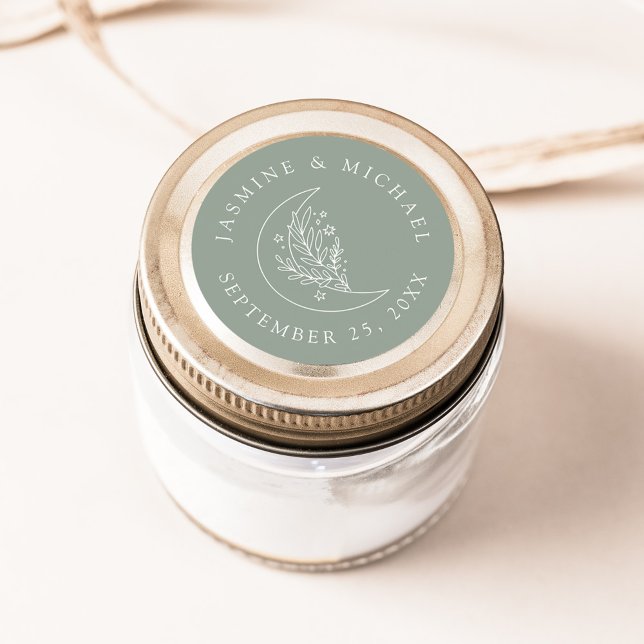 Elegant Moon and Stars Sage Green Wedding Favour Classic Round Sticker (Creator Uploaded)
