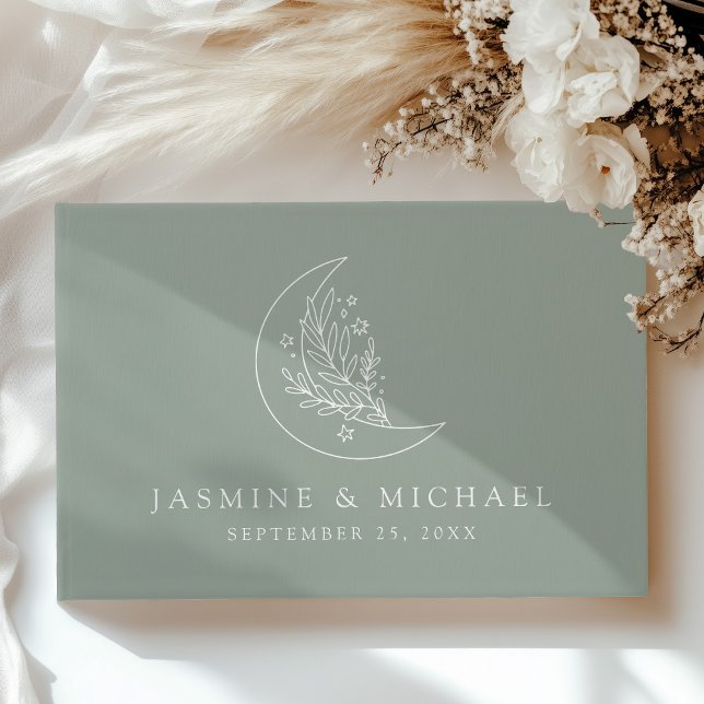 Elegant Moon and Stars Sage Green Wedding Guest Book (Creator Uploaded)