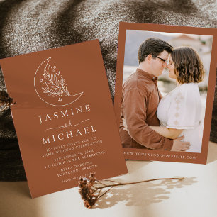 Elegant Moon and Stars Terracotta Photo Wedding Invitation