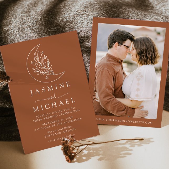 Elegant Moon and Stars Terracotta Photo Wedding Invitation (Creator Uploaded)