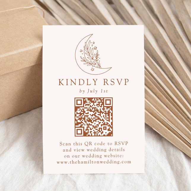 Elegant Moon and Stars Terracotta QR Code Wedding RSVP Card (Creator Uploaded)