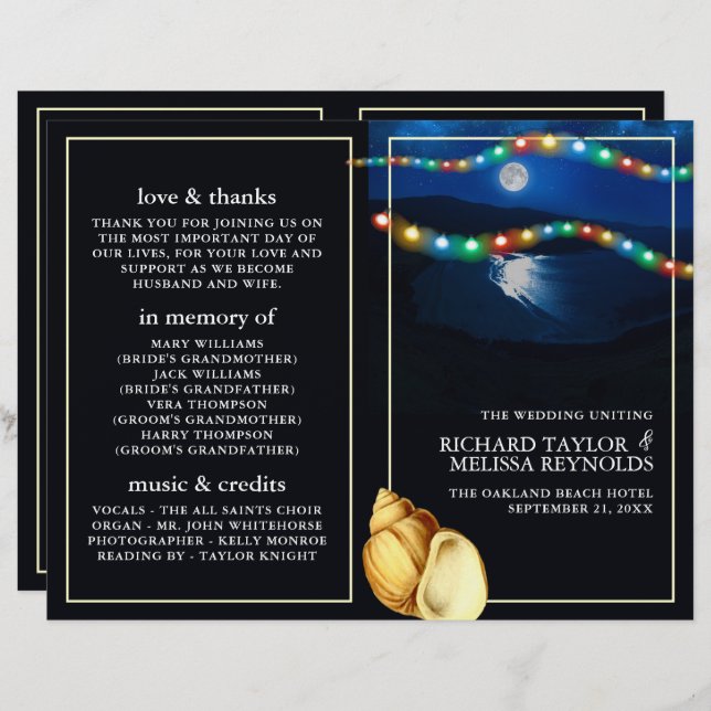 Elegant Moonlit Beach Wedding Programme (Front/Back)
