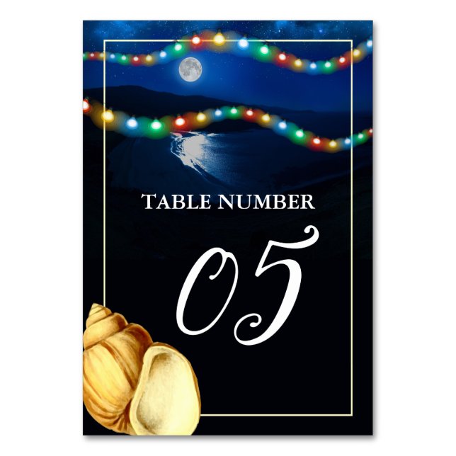 Elegant Moonlit Beach Wedding Table Number (Front)