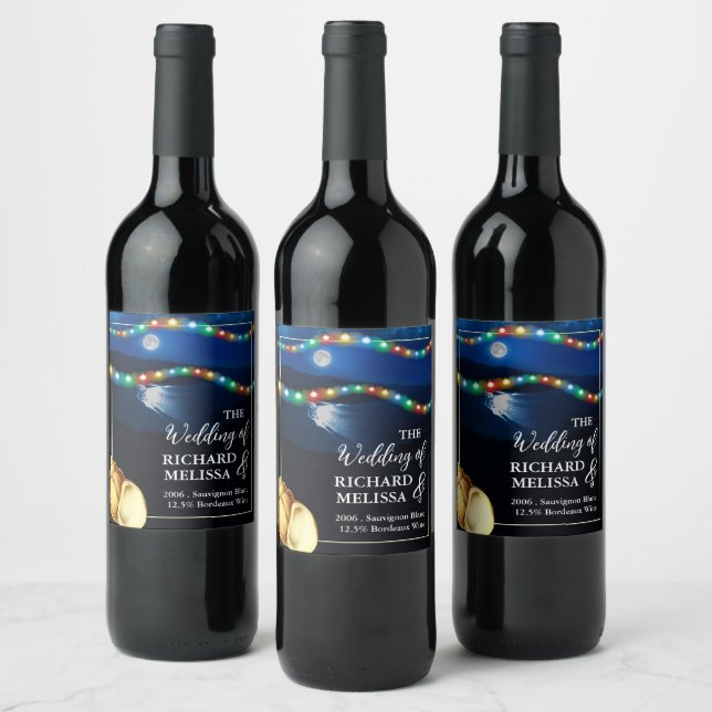 Elegant Moonlit Beach Wedding Wine Label (Bottles)