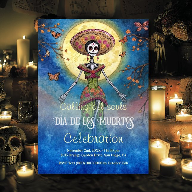 Elegant Moonlit Catrina Día de Muertos Celebration Invitation (Elegant Catrina under the moon — watercolor Día de los Muertos celebration invitation.)