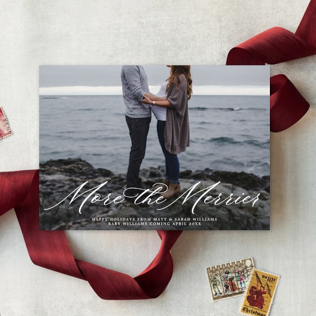 Elegant More The Merrier Christmas Pregnancy Photo Holiday Card (Creator Uploaded)