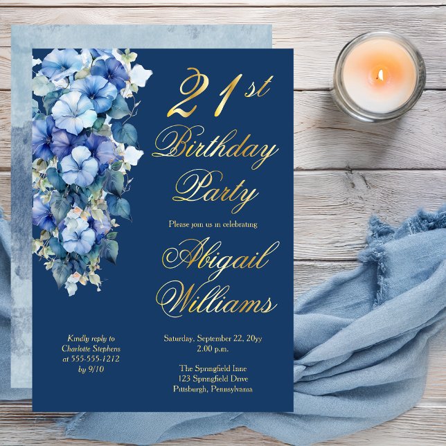Elegant Morning Glories Blue Floral 21st Birthday  (Elegant Morning Glories Blue Floral 21st Birthday Foil Invitation)