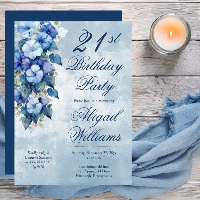Elegant Morning Glories Blue Floral 21st Birthday  Invitation (Elegant Morning Glories Blue Floral 21st Birthday Party Invitation - Print | Digital Download)