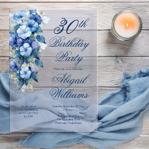 Elegant Morning Glories Blue Floral 30th Birthday  Acrylic Invitations