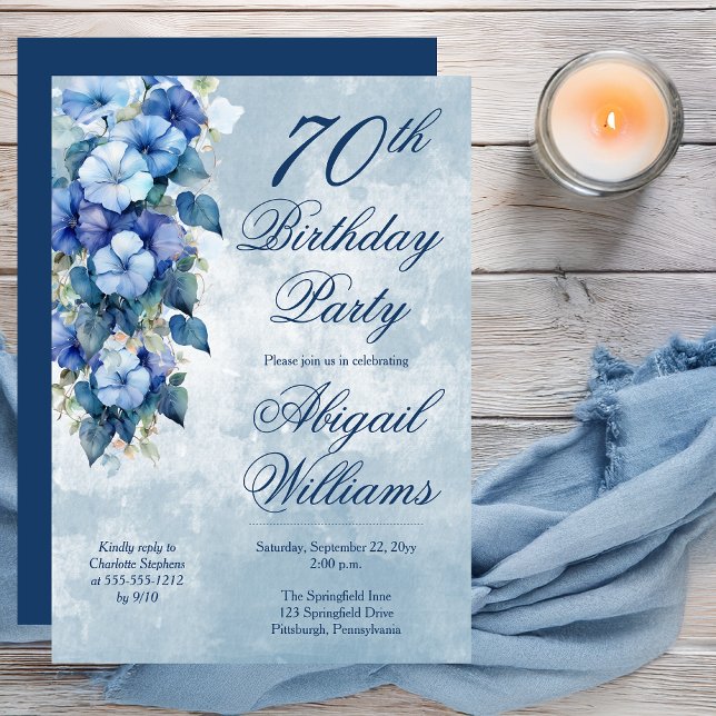 Elegant Morning Glories Blue Floral 70th Birthday  Invitation (Boho Elegant Morning Glories Blue Floral 70th Birthday Party Invitation - Print | Digital Download)