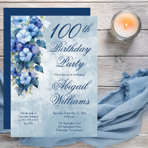 Elegant Morning Glory Blue Floral 100th Birthday  Invitation