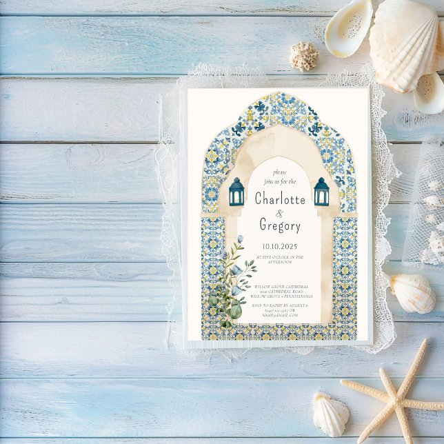 Elegant Moroccan Blue and Yellow Tile Wedding Invitation (Creator Uploaded)