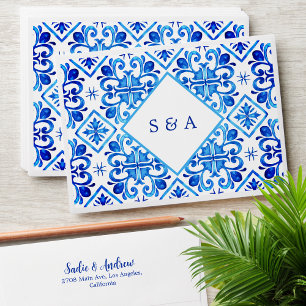Elegant Moroccan Blue Pattern Initials Wedding Envelope