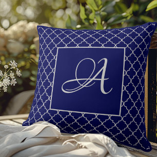 Elegant Moroccan damask navy Blue monogram Cushion