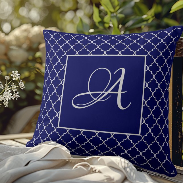 Elegant Moroccan damask navy Blue monogram Cushion (Creator Uploaded)