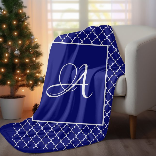 Elegant Moroccan damask navy Blue monogram Fleece Blanket (Creator Uploaded)