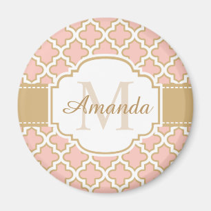 Elegant Moroccan Pattern Pink Coral Monogram Magnet