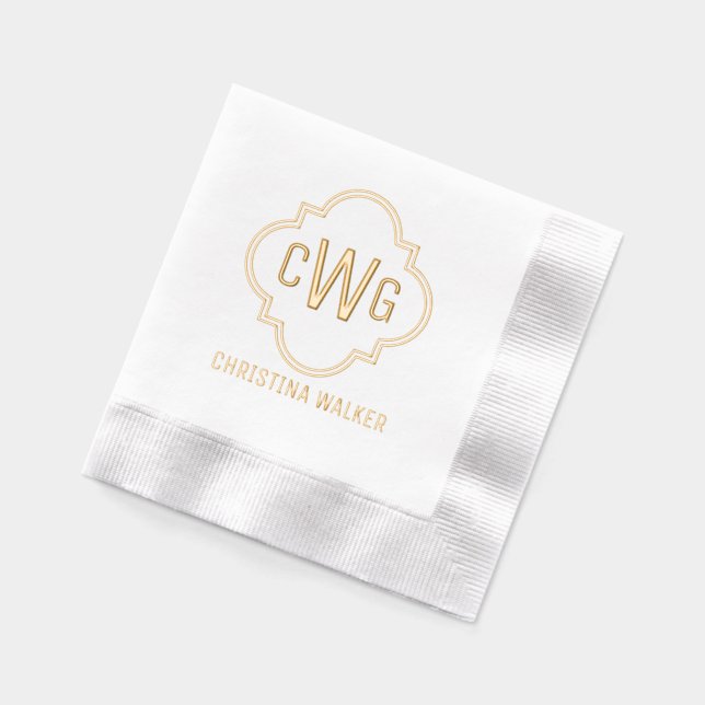 Elegant Moroccan Quatrefoil 3 Initial Name Foil Napkins (Left)