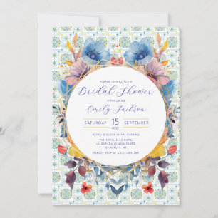 Elegant Moroccan Tiles Floral Blue  Invitation